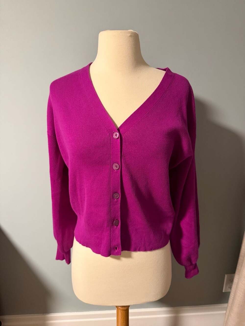 Lauren Ralph Lauren Women's Magenta Stretch Ribbed Button Up Cardigan Size S
